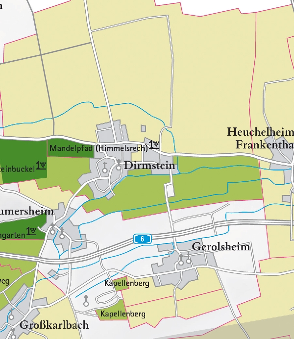Die Abbildung zeigt den Ort dirmstein mit seinen Ersten Lagen. Ausschnitt aus dem Weinatlas Deutschland. Stand 2009.