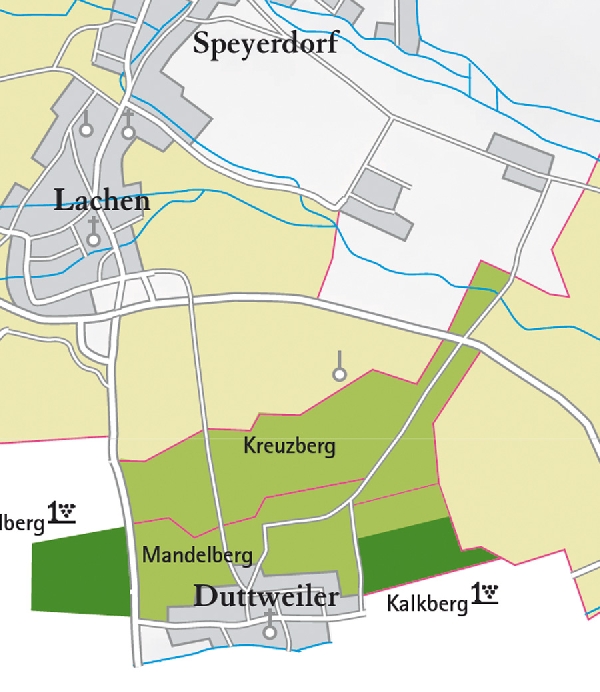 Die Abbildung zeigt den Ort duttweiler mit seinen Ersten Lagen. Ausschnitt aus dem Weinatlas Deutschland. Stand 2009.