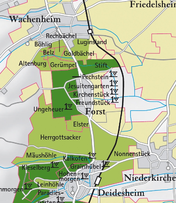 Die Abbildung zeigt den Ort forst mit seinen Ersten Lagen. Ausschnitt aus dem Weinatlas Deutschland. Stand 2009.