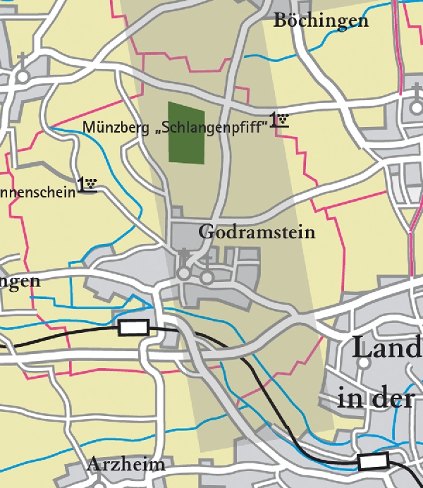 Die Abbildung zeigt den Ort godramstein mit seinen Ersten Lagen. Ausschnitt aus dem Weinatlas Deutschland. Stand 2009.