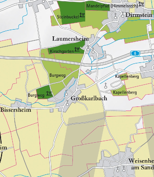 Die Abbildung zeigt den Ort grosskarlbach mit seinen Ersten Lagen. Ausschnitt aus dem Weinatlas Deutschland. Stand 2009.