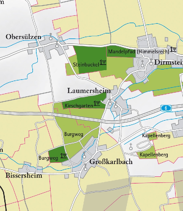 Die Abbildung zeigt den Ort laumersheim mit seinen Ersten Lagen. Ausschnitt aus dem Weinatlas Deutschland. Stand 2009.