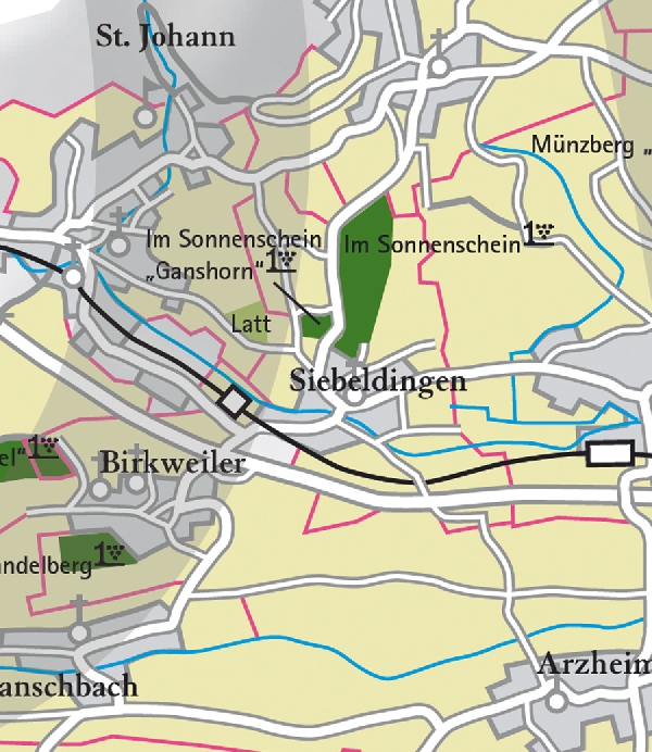 Die Abbildung zeigt den Ort siebeldingen mit seinen Ersten Lagen. Ausschnitt aus dem Weinatlas Deutschland. Stand 2009.