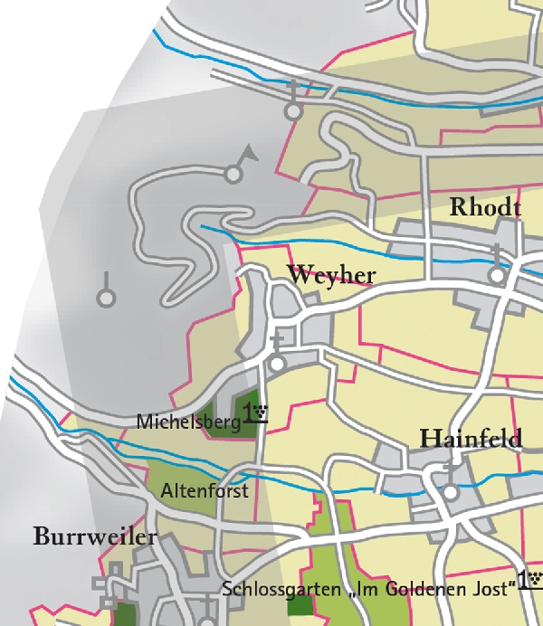 Die Abbildung zeigt den Ort weyher mit seinen Ersten Lagen. Ausschnitt aus dem Weinatlas Deutschland. Stand 2009.