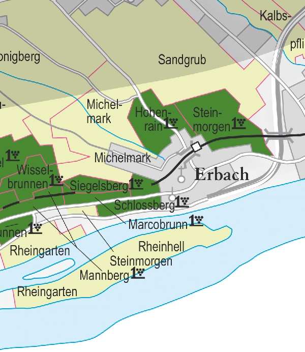 Die Abbildung zeigt den Ort erbach mit seinen Ersten Lagen. Ausschnitt aus dem Weinatlas Deutschland. Stand 2009.
