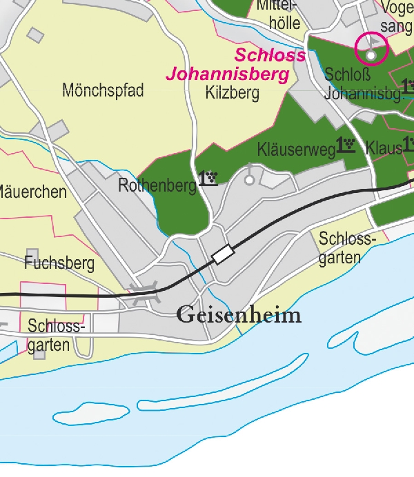 Die Abbildung zeigt den Ort geisenheim mit seinen Ersten Lagen. Ausschnitt aus dem Weinatlas Deutschland. Stand 2009.