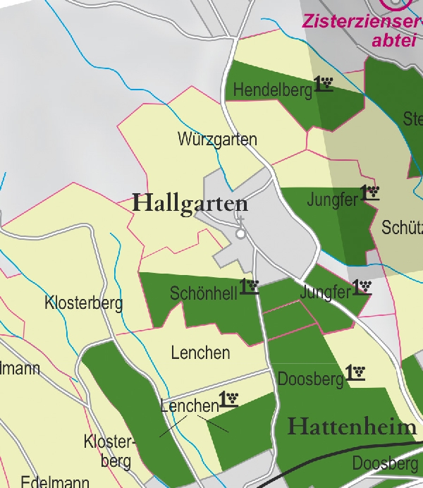 Die Abbildung zeigt den Ort hallgarten mit seinen Ersten Lagen. Ausschnitt aus dem Weinatlas Deutschland. Stand 2009.