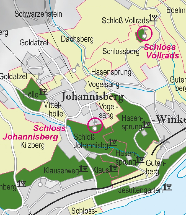 Die Abbildung zeigt den Ort johannisberg mit seinen Ersten Lagen. Ausschnitt aus dem Weinatlas Deutschland. Stand 2009.
