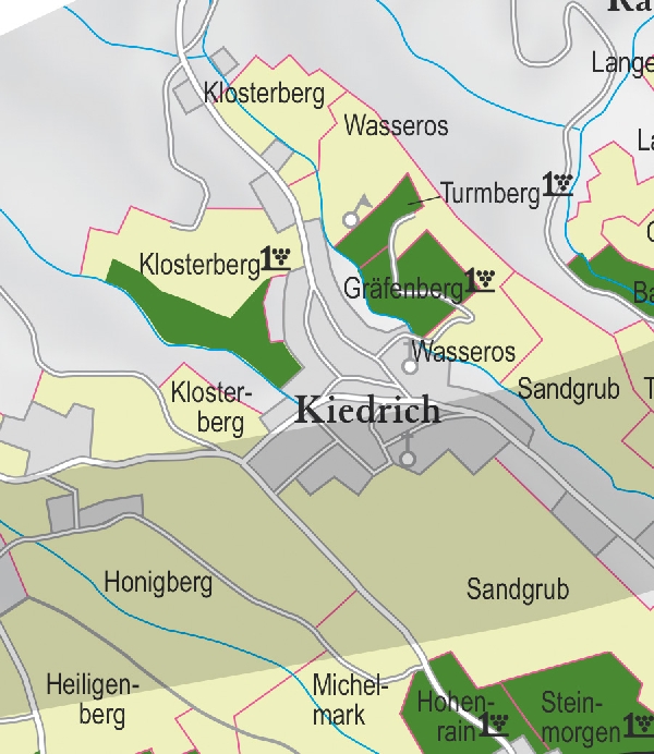 Die Abbildung zeigt den Ort kiedrich mit seinen Ersten Lagen. Ausschnitt aus dem Weinatlas Deutschland. Stand 2009.