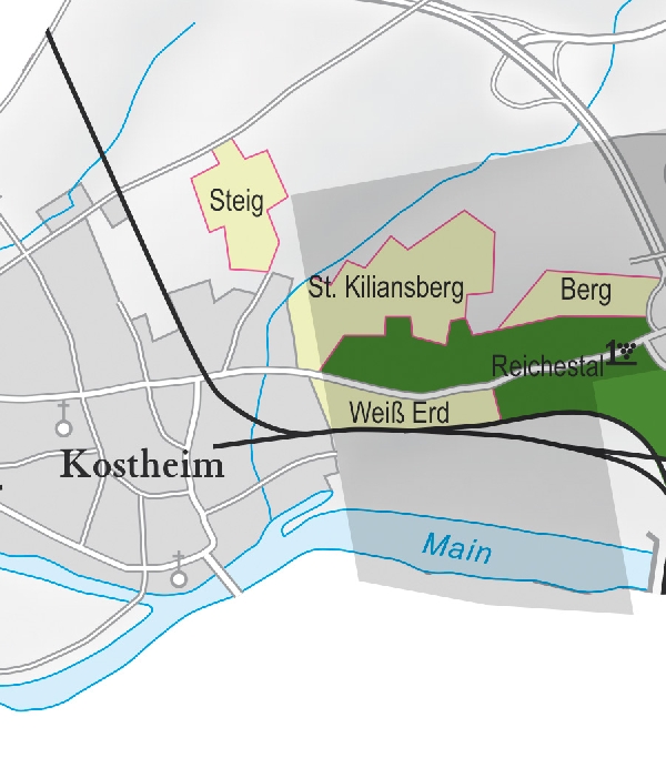 Die Abbildung zeigt den Ort kostheim mit seinen Ersten Lagen. Ausschnitt aus dem Weinatlas Deutschland. Stand 2009.