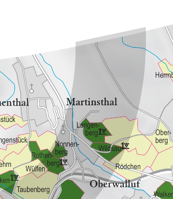 Die Abbildung zeigt den Ort martinsthal mit seinen Ersten Lagen. Ausschnitt aus dem Weinatlas Deutschland. Stand 2009.