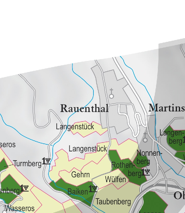 Die Abbildung zeigt den Ort rauenthal mit seinen Ersten Lagen. Ausschnitt aus dem Weinatlas Deutschland. Stand 2009.