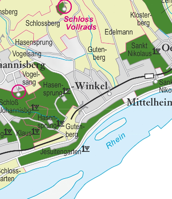 Die Abbildung zeigt den Ort winkel mit seinen Ersten Lagen. Ausschnitt aus dem Weinatlas Deutschland. Stand 2009.