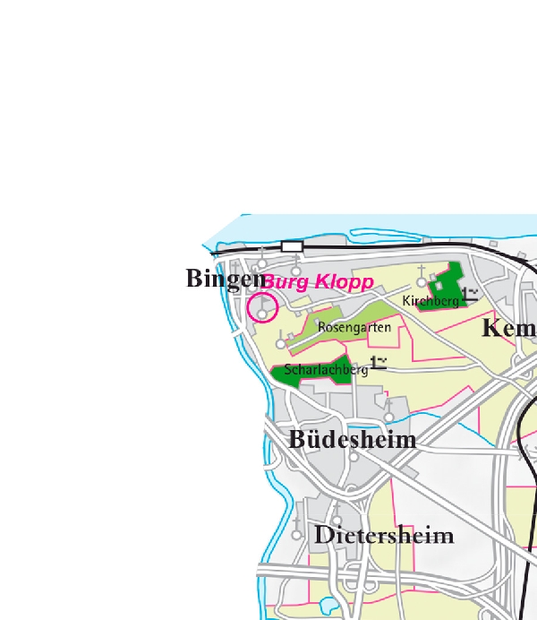 Die Abbildung zeigt den Ort bingen mit seinen Ersten Lagen. Ausschnitt aus dem Weinatlas Deutschland. Stand 2009.