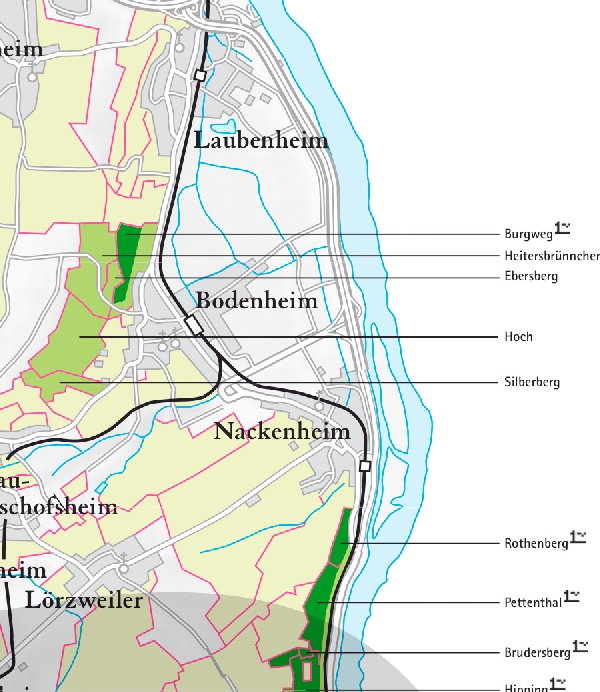 Die Abbildung zeigt den Ort bodenheim mit seinen Ersten Lagen. Ausschnitt aus dem Weinatlas Deutschland. Stand 2009.