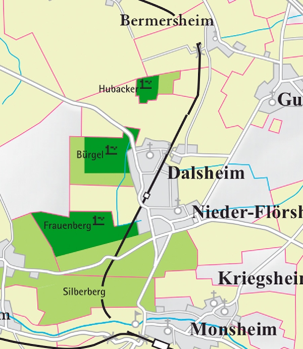 Die Abbildung zeigt den Ort dalsheim mit seinen Ersten Lagen. Ausschnitt aus dem Weinatlas Deutschland. Stand 2009.