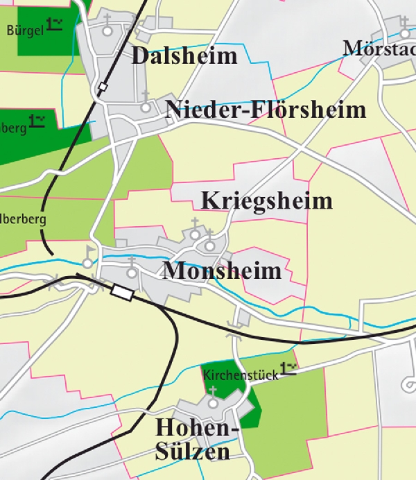 Die Abbildung zeigt den Ort hohen-sülzen mit seinen Ersten Lagen. Ausschnitt aus dem Weinatlas Deutschland. Stand 2009.