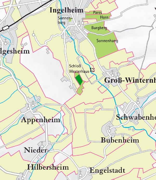 Die Abbildung zeigt den Ort ingelheim mit seinen Ersten Lagen. Ausschnitt aus dem Weinatlas Deutschland. Stand 2009.