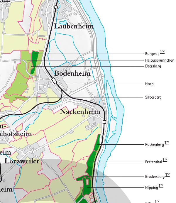 Die Abbildung zeigt den Ort nackenheim mit seinen Ersten Lagen. Ausschnitt aus dem Weinatlas Deutschland. Stand 2009.