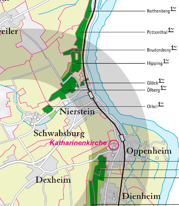 Die Abbildung zeigt den Ort nierstein mit seinen Ersten Lagen. Ausschnitt aus dem Weinatlas Deutschland. Stand 2009.