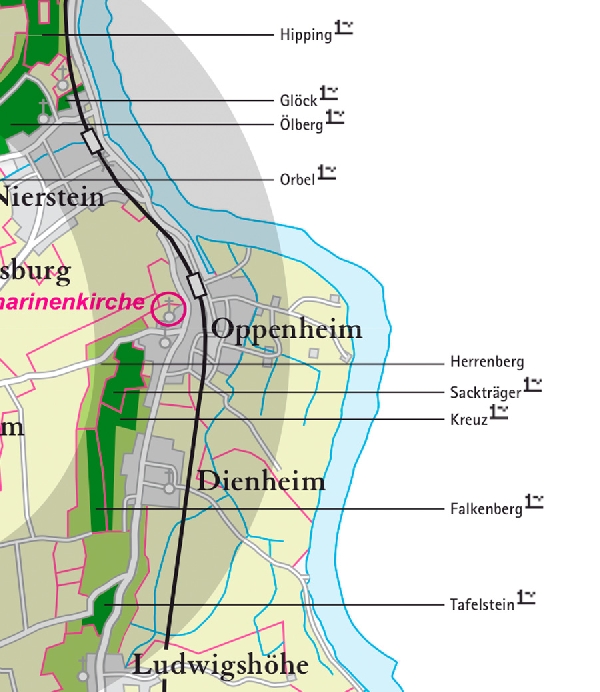 Die Abbildung zeigt den Ort Oppenheim mit seinen Ersten Lagen. Ausschnitt aus dem Weinatlas Deutschland. Stand 2009.