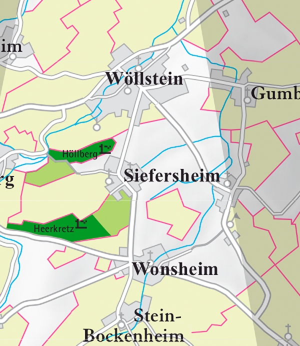 Die Abbildung zeigt den Ort siefersheim mit seinen Ersten Lagen. Ausschnitt aus dem Weinatlas Deutschland. Stand 2009.