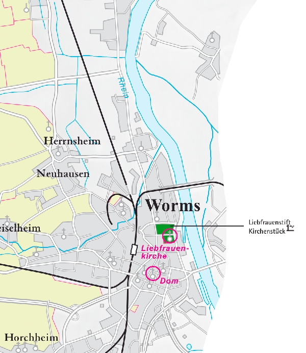 Die Abbildung zeigt den Ort worms mit seinen Ersten Lagen. Ausschnitt aus dem Weinatlas Deutschland. Stand 2009.