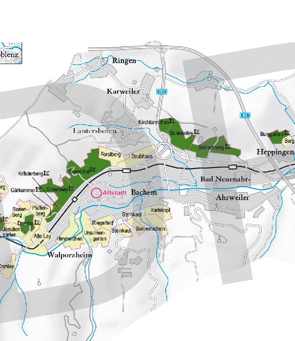 Die Abbildung zeigt den Ort Ahrweiler und seine Umgebung mit ihren Ersten Lagen. Ausschnitt aus dem Weinatlas Deutschland. Stand 2009.