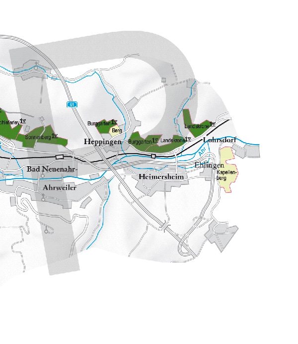 Die Abbildung zeigt den Ort heimersheim und seine Umgebung mit ihren Ersten Lagen. Ausschnitt aus dem Weinatlas Deutschland. Stand 2009.