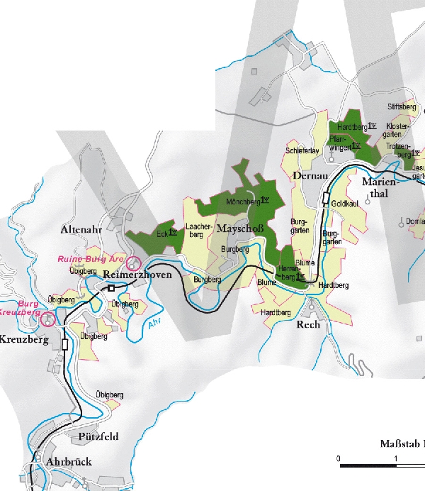 Die Abbildung zeigt den Ort mayschoss und seine Umgebung mit ihren Ersten Lagen. Ausschnitt aus dem Weinatlas Deutschland. Stand 2009.