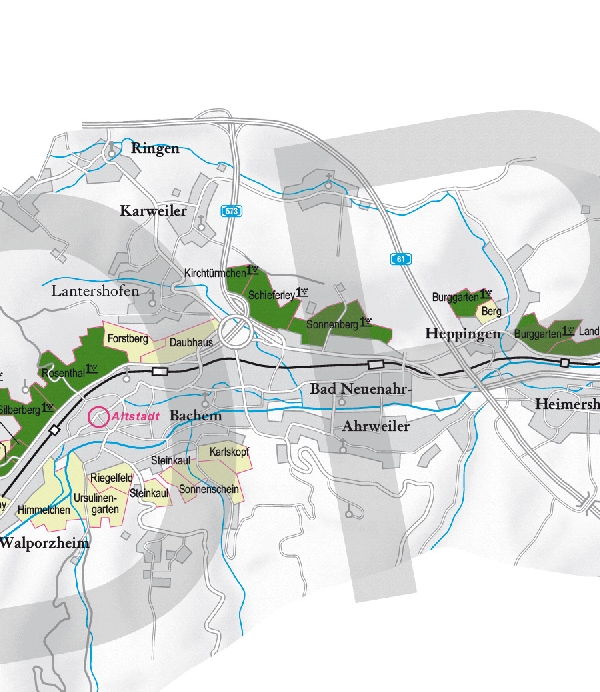 Die Abbildung zeigt den Ort neuenahr und seine Umgebung mit ihren Ersten Lagen. Ausschnitt aus dem Weinatlas Deutschland. Stand 2009.