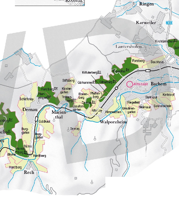 Die Abbildung zeigt den Ort Walporzheim und seine Umgebung mit ihren Ersten Lagen. Ausschnitt aus dem Weinatlas Deutschland. Stand 2009.