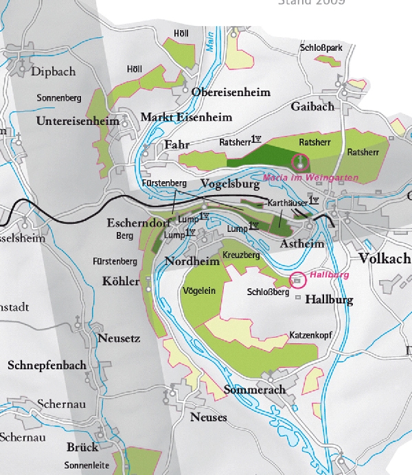 Die Abbildung zeigt den Ort escherndorf und seine Umgebung mit ihren Ersten Lagen. Ausschnitt aus dem Weinatlas Deutschland. Stand 2009.