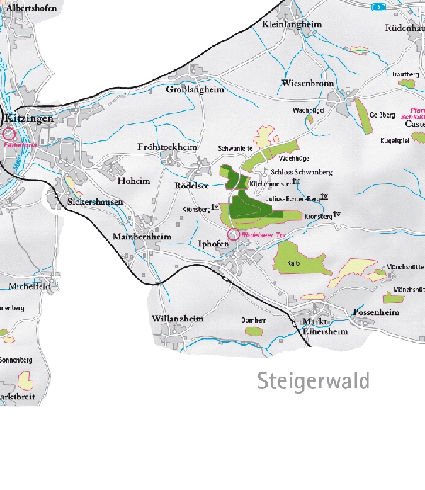 Die Abbildung zeigt den Ort Iphofen und seine Umgebung mit ihren Ersten Lagen. Ausschnitt aus dem Weinatlas Deutschland. Stand 2009.
