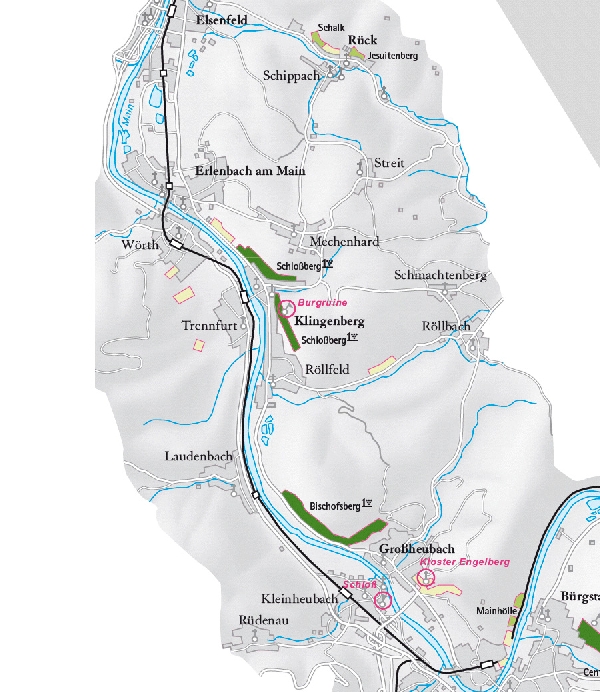 Die Abbildung zeigt den Ort klingenberg und seine Umgebung mit ihren Ersten Lagen. Ausschnitt aus dem Weinatlas Deutschland. Stand 2009.
