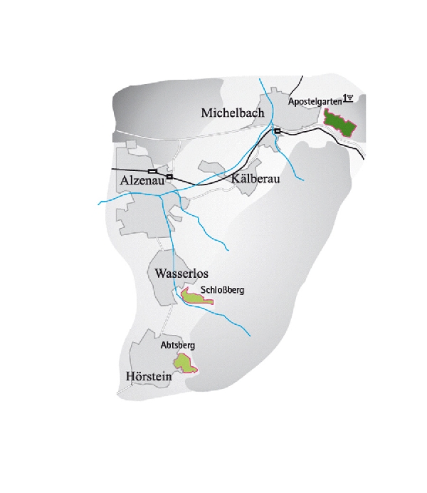 Die Abbildung zeigt den Ort Michelbach und seine Umgebung mit ihren Ersten Lagen. Ausschnitt aus dem Weinatlas Deutschland. Stand 2009.
