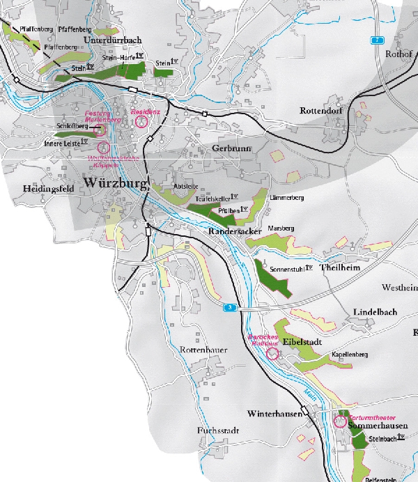 Die Abbildung zeigt den Ort randersacker und seine Umgebung mit ihren Ersten Lagen. Ausschnitt aus dem Weinatlas Deutschland. Stand 2009.
