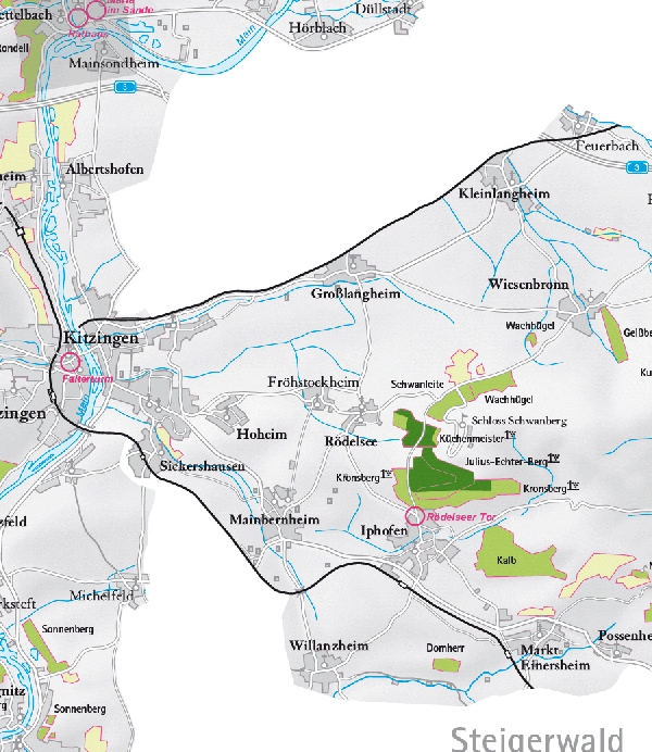 Die Abbildung zeigt den Ort rödelsee und seine Umgebung mit ihren Ersten Lagen. Ausschnitt aus dem Weinatlas Deutschland. Stand 2009.
