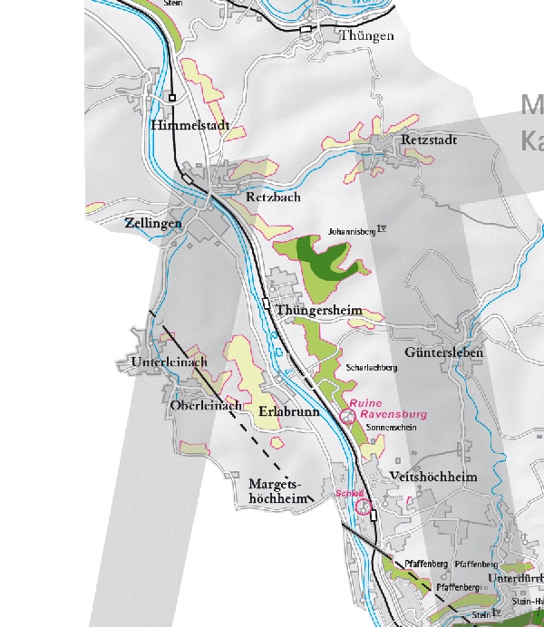 Die Abbildung zeigt den Ort Thüngersheim und seine Umgebung mit ihren Ersten Lagen. Ausschnitt aus dem Weinatlas Deutschland. Stand 2009.
