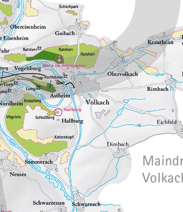 Die Abbildung zeigt den Ort Volkach und seine Umgebung mit ihren Ersten Lagen. Ausschnitt aus dem Weinatlas Deutschland. Stand 2009.
