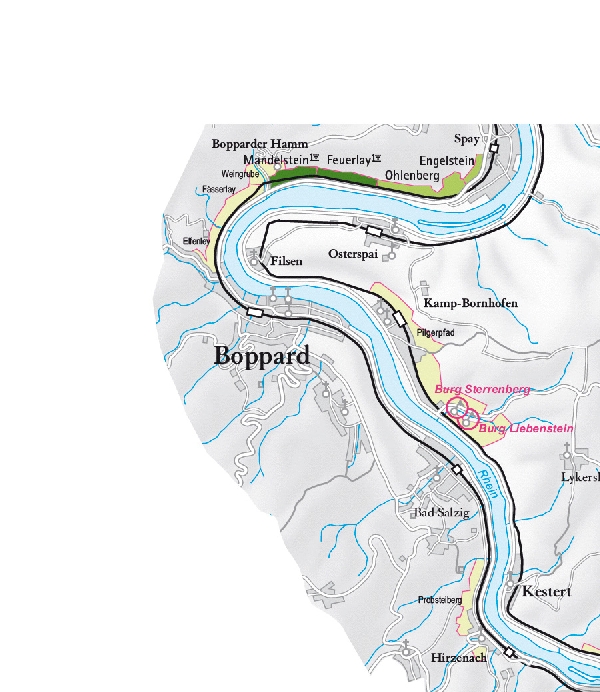 Die Abbildung zeigt den Ort Boppard und seine Umgebung mit ihren Ersten Lagen. Ausschnitt aus dem Weinatlas Deutschland. Stand 2009.
