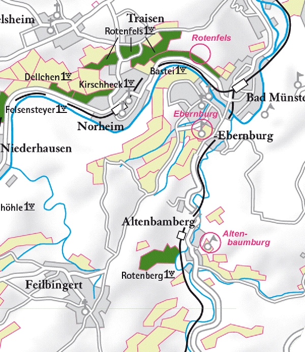 Die Abbildung zeigt den Ort altenbamberg und seine Umgebung mit ihren Ersten Lagen. Ausschnitt aus dem Weinatlas Deutschland. Stand 2009.
