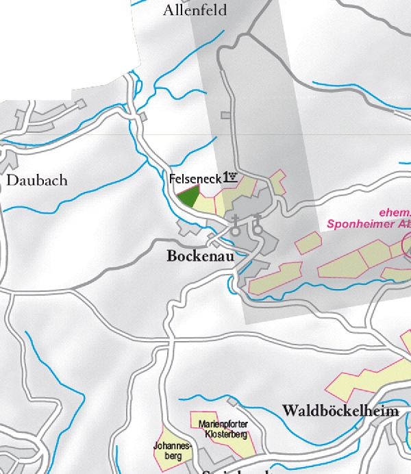 Die Abbildung zeigt den Ort Bockenau und seine Umgebung mit ihren Ersten Lagen. Ausschnitt aus dem Weinatlas Deutschland. Stand 2009.
