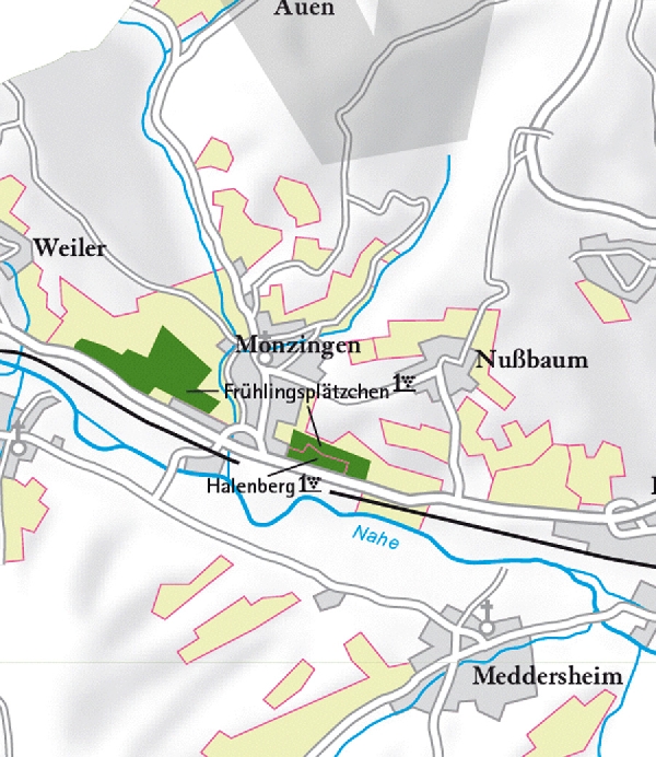 Die Abbildung zeigt den Ort Monzingen und seine Umgebung mit ihren Ersten Lagen. Ausschnitt aus dem Weinatlas Deutschland. Stand 2009.

