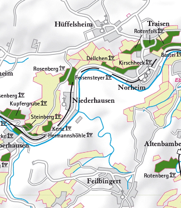 Die Abbildung zeigt den Ort Niederhausen und seine Umgebung mit ihren Ersten Lagen. Ausschnitt aus dem Weinatlas Deutschland. Stand 2009.