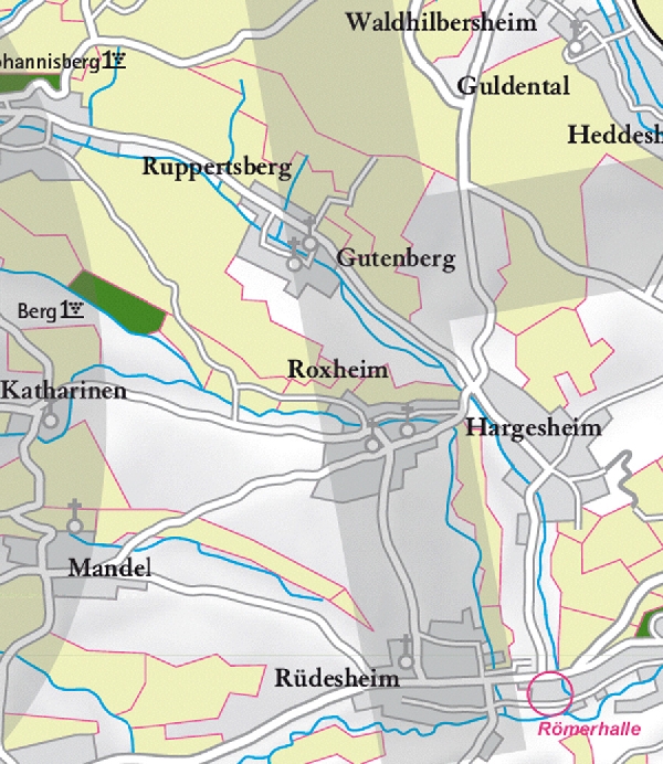 Die Abbildung zeigt den Ort Roxheim und seine Umgebung mit ihren Ersten Lagen. Ausschnitt aus dem Weinatlas Deutschland. Stand 2009.
