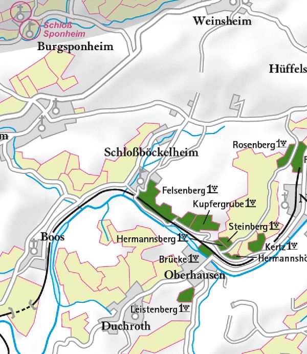 Die Abbildung zeigt den Ort schlossböckelheim und seine Umgebung mit ihren Ersten Lagen. Ausschnitt aus dem Weinatlas Deutschland. Stand 2009.
