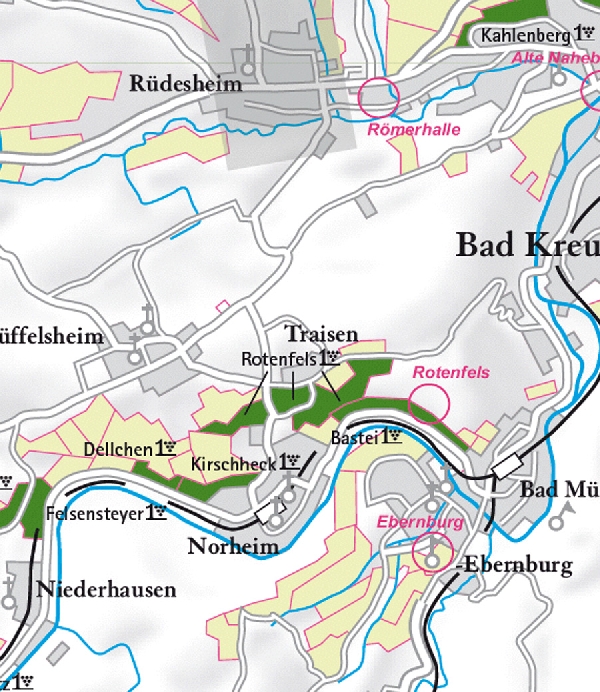 Die Abbildung zeigt den Ort Traisen und seine Umgebung mit ihren Ersten Lagen. Ausschnitt aus dem Weinatlas Deutschland. Stand 2009.
