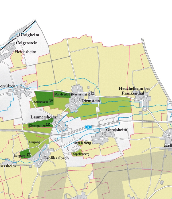 Die Abbildung zeigt den Ort dirmstein und seine Umgebung mit ihren Ersten Lagen. Ausschnitt aus dem Weinatlas Deutschland. Stand 2009.
