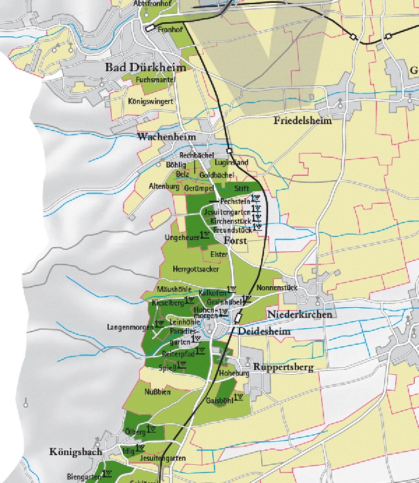 Die Abbildung zeigt den Ort forst und seine Umgebung mit ihren Ersten Lagen. Ausschnitt aus dem Weinatlas Deutschland. Stand 2009.
